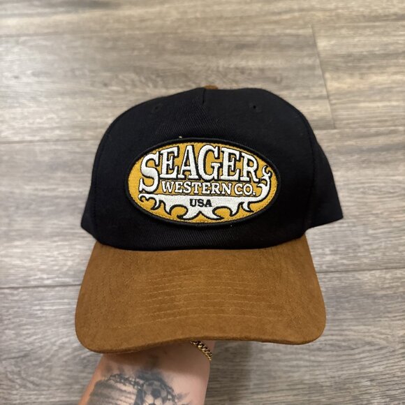 Seager Company Western Wear Branded Snapback Hat Black SuedeCowboy Patch Logo